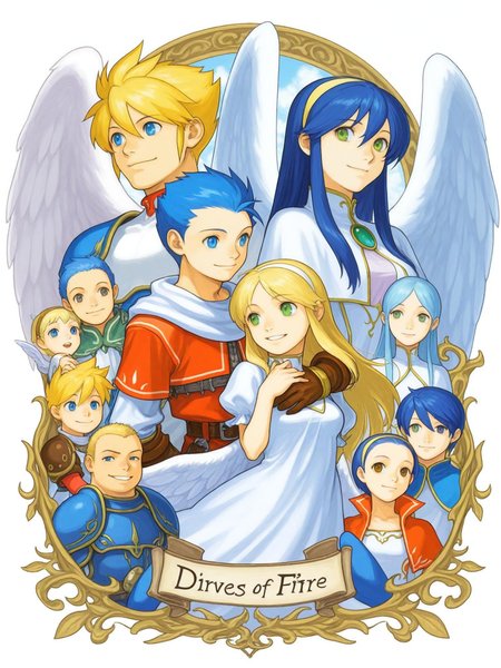 capcomfantasy,multiple girls, blonde hair, wings, multiple boys, angel wings, feathered wings, blue hair, very short hair, short hair, 2girls, blue eyes, green eyes, gloves, 2boys, hairband, long hair, white wings, dress, smile, fantasy, multiple characters, diverse ages, blue hair, blonde hair, wings, dragon features, group hug, vibrant colors, detailed, illustration, Breath of Fire
