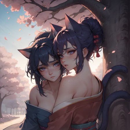 score_9, score_8_up, score_8, 
high detail, 
25 year old catgirl, cat ears, cat tail, freckles, japanese kimono, 
Look over the shoulder.
mouth slightly open
back
Kimono, 
cuddels against tree
arms around tree
one shoulder free, other shoulder covered behind, looking at viewer, shy look
cherry blossom park, night, moonlight