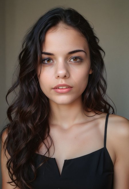 realistic, 23yo girl, long wavy black hair, brown eyes, UHD, photorealistic, best quality, masterpiece, 16K, cinematic