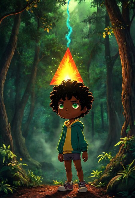 max (camp camp), dark fantasy theme, rainbow colored silhouette outline against a dark background,max (camp camp), 1boy, solo, human, male focus, curly black hair, curly tousled black hair, afro, dark skin, dark-skinned male,  large eyes, round eyes, green eyes,small nose, triangular nose, pointed nose, beautiful forest horror, anime, magical fantasy, plasma pattern, dark lights
,epic, cinematic colors, masterpiece, detailmaximizer, midjourneyv6.1