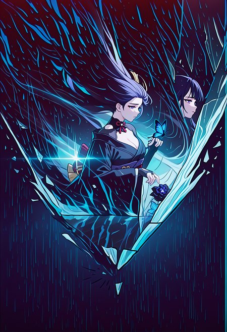 masterpiece, best quality, motiontrail, afterimage, motion trail, motion lines, motion blur,  <lora:MotionTrail_illusXL_Incrs_v1:1.3>, abstract, monochrome, spot color, blue and black theme, dark, sad, parted lips, floating hair, black kimono, bare shoulder, gothic, black rose, thistles and thorns, flora, black and thick liquid, fog, blue butterfly, underlighting, strong visual impact, film lighting, raiden shogun, butterfly on hand, multiple views, different reflection, (glass, breaking, shatter:1.2), reflection,