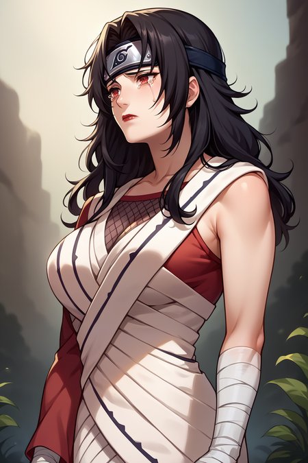 score_9, score_8_up, score_7_up, score_6_up, source_anime, 1girl, solo, <lora:kurenaiyuhi-pdxl-nvwls-v1-000005:1> kurenai, red eyes, black hair, long hair, forehead protector, lipstick, fishnet top, single sleeve, white dress, bandages, bandaged arm, profile, sad, tears in eyes, night sky, big breasts