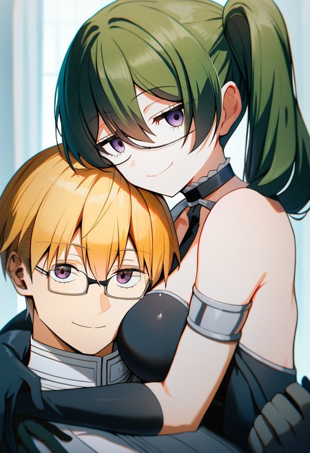 ubel \(sousou no frieren\), land \(sousou no frieren\), 1girl, 1boy, glasses, green hair, blonde hair, gloves, side ponytail, black dress, black gloves, dress, looking at viewer, hug, smile, breasts, closed mouth, bare shoulders, hair between eyes, long hair, upper body, medium breasts, shirt, sleeveless, purple eyes, black eyes, short hair, sleeveless dress, ,<lora:fantasy_superlora_v1:1> source_anime, score_9, score_8_up, score_7_up, score_6_up, absurdres, masterpiece, best quality, very aesthetic