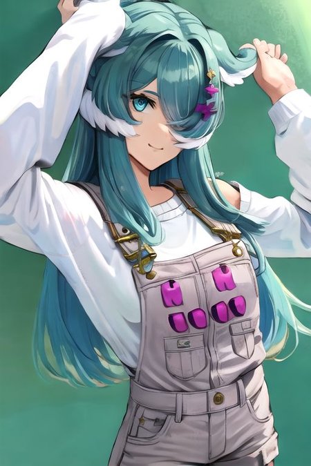 solo_focus, 1girl, (((masterpiece))), ((best quality)), ((ultra-detailed)), high resolution, absurdres, highres, ultra-detailed 8k unity wallpaper, 
elira1st, long sleeves, overalls, white sweater, off shoulder, grey gloves, one eye covered, overall shorts,