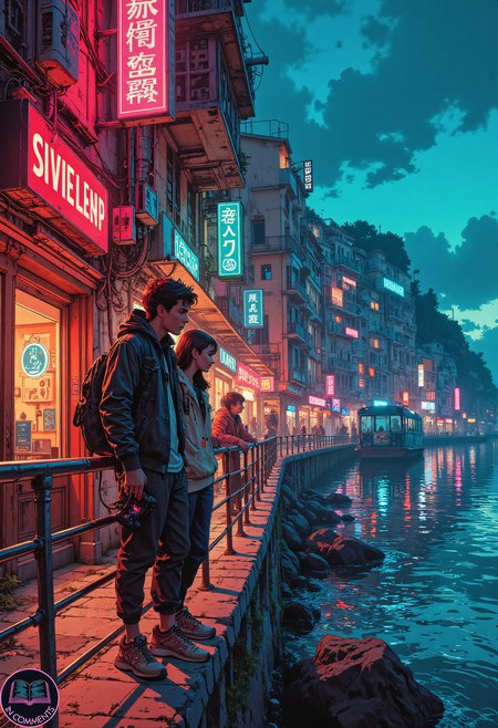 A digital illustration of a young couple leaning against the railing of a sea-side promenade in a cyberpunk town inspired by the Italian coastline of Cinque Terre. Neon signs from nearby cafés and boutiques reflect off the gently lapping water as they share a quiet moment together. The man holds a vintage camera, capturing the vivid colors of the scene, while the woman gazes out at the horizon, her expression thoughtful. The atmosphere is romantic and cinematic, blending the charm of the coastal town with futuristic aesthetics.