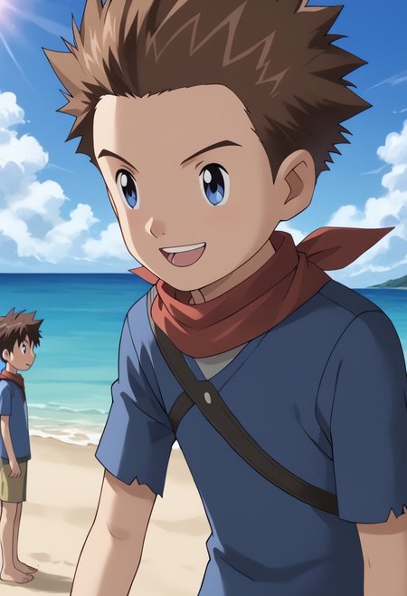 score_9, score_8_up, score_7_up, score_6_up, detailed, 2boys, intricate details, highres, absurdres ,source_anime, cowboy shot, male focus, BREAK
,takato matsuki, 1boy, brown hair, brown eyes, blue jacket, white shirt, smile,  BREAK
ryo akiyama, brown hair, blue eyes, grey shirt, red neckerchief, shoulder armor, torn shirt, 1boy, open mouth, teeth, scarf, spiked hair, BREAK
beach, sunshine.