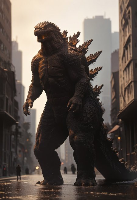 Score_9, score_8_up, score_7_up, score_6_up, zPDXL3, wide shot, monster focus, BREAK, realistic,hyperrealism,ornate,studio photograph, skinny Godzilla kaijuu,gigantic monster, model_buildinga, model_kit_(medium), city skyline, plastic buildings, forced perspective, blurry background, building, outdoors, glowing orange eyes,
