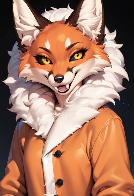 score_9, score_8_up, score_7_up, score_6_up, score_5_up, score_4_up, 1girl, fox ears, colored sclera, black sclera, yellow eyes, body fur, multicolored fur, orange fur, white fur, animal nose, fangs, orange coat, white fur trim, skirt, black paboobs