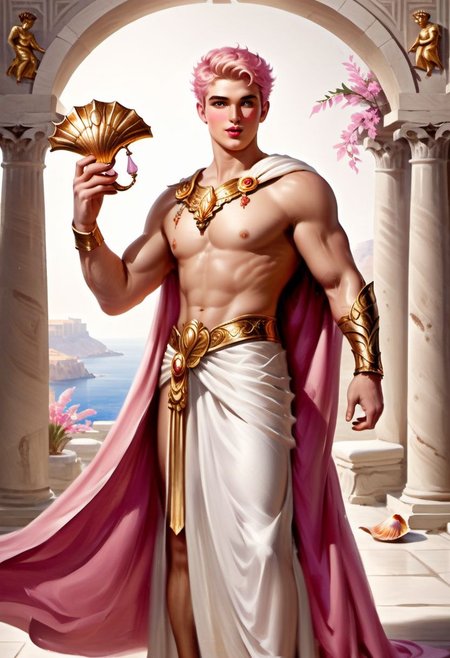 4k, digital art, semi realistic, fantasy, best quality, masterpiece, very detailed, wide camera angle,  dynamic camera angle, dynamic pose, back view,  pov from the back, looking back, portrait of a muscular male, 20 years old, masculine, friendly, seductive, pale skin, pastel pink hair, short hair, smooth face, round face, gorgeous, happy, plumped lips, puffy lips, big lips, big eyes, videogame eyes, defined eyes, defined eyebrows, pink nipples, greek god, wearing a flowy white tunic with a golden laurel, holding a mirror, standing on a temple with a big seashell, ancient greece, daylight on the background, (cinematic light, volumetric), splash art