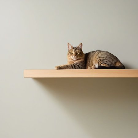 best quality, high res, eye_level, full_body, (comp_right), a cat, lying, (on side), on a shelf,