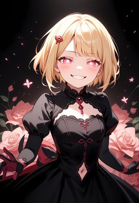 score_9, score_8_up, score_7_up <lora:Capella_pony:0.7> cartoon character ,short hair,  and is smiling,pink glowing eyes, blonde hair, gloves,  navel, , ,1 girl,solo,blush, Red  shiny eyes,,smug,adult,rating_safe,
black rosette hair pins,,detailed face,face focus,black dress,full dress,
