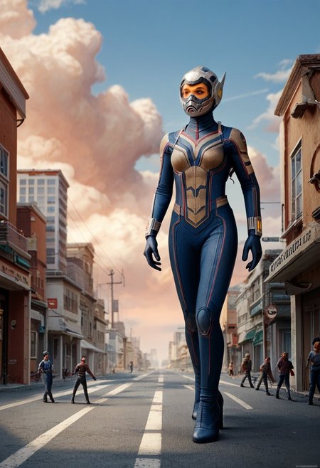 hopevandyne, bodysuit, helmet, goggles,  standing on a street,  full body image ,sky, clouds, score_9, score_8_up, score_7_up, score_6_up, score_5_up, score_4_up, giantess, extreme size difference, city, elegant pose, sparks, malfunctioning suit
