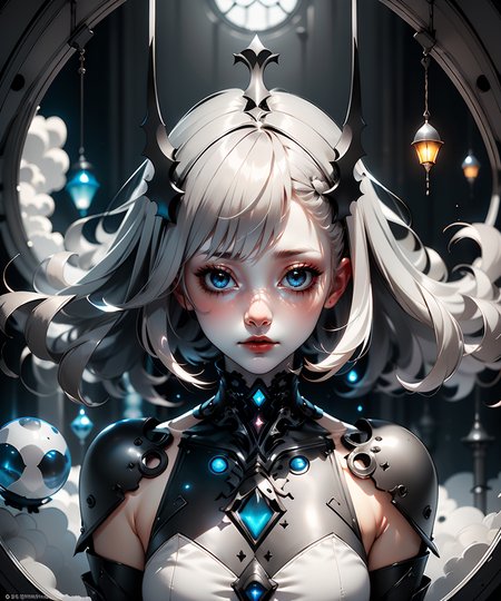 1woman, ({white|gray|black|titanium} straight hair:1.3), ((Gloomcore)), dark magical atmosphere, glowing, <lora:GoodHands-beta2:1>,  <lora:AnzhcDreamwave v3_1 watermark fix:0.9>