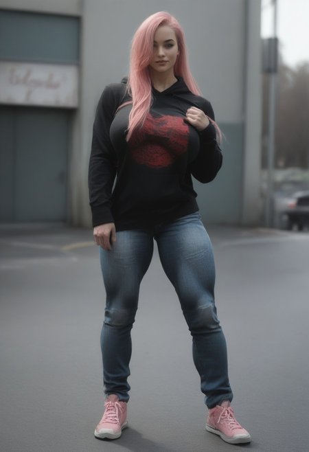 <lora:Mustonk-PonyXL-1024px:0.9>
score_5_up, 
 1girl, muscular female, veins, pink hair, absurdly long hair, solo, huge breasts,huge nipples, long hair, hair over one eye, parted lips, realistic, ultra realistic, looking at viewer, seductive smile, seductive eyes, 
hoodie, jeans, sneakers, waiting for viewer outside gym, nipple bulge, coverd nipples,