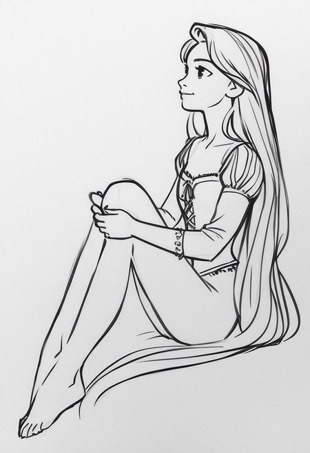 1girl, full body, sitting, legs together on side, holding her ankles, graceful, Rapunzel,   long hair, from side, portrait, 
dynamic  sketch, Minimalism, Greyscale, Stylized