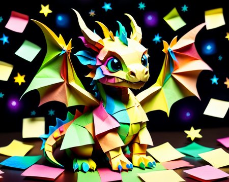 a small colorful cute baby dragon made out of Jed-StickyN, dynamic pose, dynamic angle, dark fantasy, intricate details, ultra wide shot, zoomed out,
<lora:StickyNotesStyle:1>,  <lora:add-detail-xl:0.7>,  <lora:sd_xl_dpo_lora_v1:1>, <lora:xl_more_art-full_v1:0.3>,  set against a  background of a starry sky,
