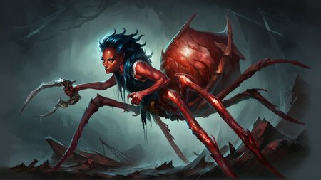 score_9, score_8_up, score_7_up, score_6_up, <lora:4r4chn1dPony:0.9> fantasy 4r4chn1d 1girl, perfect face, detailed face, concept art, digital art, realistic,  closeup, medium shot, ,  solo, warrior, arachnid, angry, evil, character focus, Indigo hair, red skin, long hair,sword,necromancy, combat stance, attacking, fearsome, scary horror \(theme\),  (in  __LocationWildcards/locations_fantasy__:0.5), desktop wallpaper, official_wallpaper, desaturated, atmospheric, concept art  <lora:Concept Art Brush Style LoRA_Pony XL v6:0.8> dark theme, low light