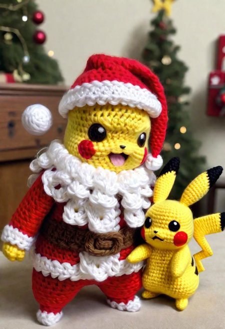 Crocheted Pikachu and Santa