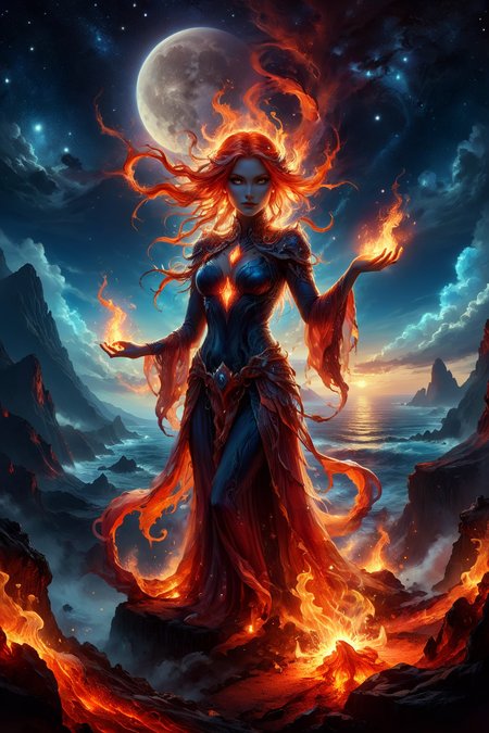 A stunning, ethereal scene of a mystical fire sorceress standing on a cliff surrounded by a sea of glowing lava. The sorceress wears flowing, flame-like robes that shimmer with every movement, blending seamlessly with the fiery landscape. Her hair blazes like an inferno, and she conjures a swirling vortex of fire that illuminates the night sky with vibrant, dancing flames. The background features a jagged volcanic landscape with molten rivers and ash clouds. The atmosphere is powerful and enchanting, with intricate details in the sparks and embers floating around. Fantasy, dreamlike, high definition, luminous, magical ambiance, intricate details, dynamic.
<lora:add-detail-xl:1.0>,
<lora:quality1:1.0>,
<lora:extremely_detailed:1.0>, extremely detailed,
<lora:EldritchMixIllustration_1.0:0.35>,
<lora:ral-mtclniscp-sdxl:0.8> ral-mtclniscp,
<lora:zavy-cntrst-sdxl:0.4> dark, chiaroscuro, low-key,