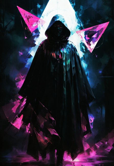 Dystopian style , close-up, a macabre cloaked figure in the depths of space, liminal fog, circles, triangle, geometric shapes, (ethereal, fuscia wisps, grainy texture, 96YOTTEA). abstract geometric gradients. <lora:96YOTTEA style for AWDXL2:1>
holographic colors, stunning background. dark and moody, a mesmerizing blend of light and shadow. masterpiece, absurdres, intricate details . Bleak, post-apocalyptic, somber, dramatic, highly detailed