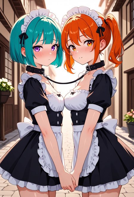 masterpiece, best quality, good quality, very aesthetic, absurdres, newest, 8K, depth of field,  in the style of cknc, artist:moriimee, in the style of cksc, 
2girls, original characters, yuri, playful mistress, long teal hair, twin tails, purple eyes, small breasts, perky, glossy skin, wearing gothic dress, holding leash, cheeky wink, shy pet, short orange hair, bob cut, amber eyes, medium breasts, firm, glossy skin, wearing collar, maid outfit, leash around neck, blushing shyly, holding hands, looking at viewer, from front
BREAK
bustling medieval street, white cobblestone, flower stalls
BREAK
anime style, vibrant colors, high contrast, dynamic light, golden hour lighting, sharp outlines, rich details, cute yet edgy atmosphere