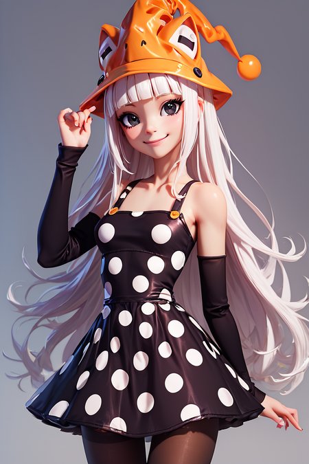 score_9, score_8_up, score_8, medium breasts, (curvy), cute, eyelashes,       BREAK, , zzEruka, black eyes, white hair, blunt bangs, long hair, orange hat, polka dot dress, black dress, black sleeves, pantyhose,    <lora:ErukaFrog_SoulEater_PDXL_v2:1.0>, , BREAK, smile, closed mouth, looking at viewer, cowboy shot, ,,, embedding:zPDXL, Expressiveh, ,,, <lora:BeautifulCAT_PDXL:0.8>, <lora:SDXLFaeTastic2400:0.5>, <lora:Expressive_H-000001:0.4>,