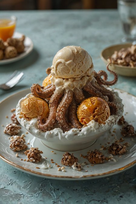 Create a visually stunning octopus ice cream sundae, served on an elegant plate. The sundae features scoops of orange ice cream with realistic, varied shades of brown, and (garnished with rolled up tentacle pieces:3.0). Top it with whipped cream and drizzle with chocolate sauce, sprinkled with a variety of nuts. Ensure the background is a warm, indoor setting with soft, natural light filtering through, creating a cozy, inviting atmosphere. The composition should be well-lit, highlighting the textures and colors of the ice cream and tentacles, making it look delicious and visually intriguing.
sharp focus, hyperdetailed photography, masterpiece, best quality, high quality, highres, ultra-detailed, best quality, 8K, high resolution, extreme detail, (outstanding composition:1.4)
<lora:add-detail-xl:2> <lora:MJ52:0.5> <lora:great_lighting:2> great lighting