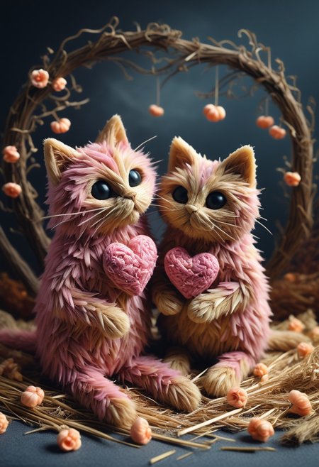 ((Halloween style)) masterpiece, best quality, absurdres, cats made of Straw sitting on a tree branch, facing each other in an intimate and harmonious pose. They are surrounded by delicate, blooming branches with small flowers, adding a serene and romantic atmosphere. The background is softly blurred, focusing the viewer's attention on the cats and their interaction. The lighting is soft, emphasizing the texture of their fur and the gentle ambiance of the scene. pink heart in front of them, ((everything made out of Straw))