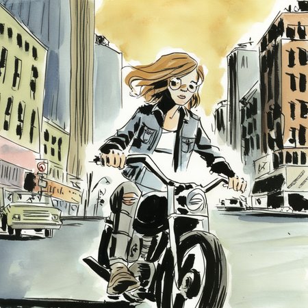 drawix12girl on a motorbike in the big city <lora:drawix12:0.7>