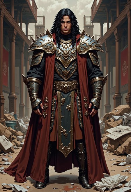 trashpunk, photograph of a muscular man in medieval fantasy armor, realistic style, close-up shot of a person wearing intricately designed armor, dark maroon and black colors, dragon motifs, scales and textures, detailed craftsmanship, shiny metallic finish, shoulder pauldrons with dragon heads, gauntlets with scale patterns, torso plate with a large dragon coiled around the chest, armored sleeves and legs, the background is a medieval courtyard with trash on the ground, high contrast, reflective surfaces, no visible weapons or accessories, realistic texture and detail, fantasy theme, armor looks heavy and robust, no visible seams or joints, sleek and polished look, person appears to be male, medium build, dark hair partially visible, professional photography, high resolution,