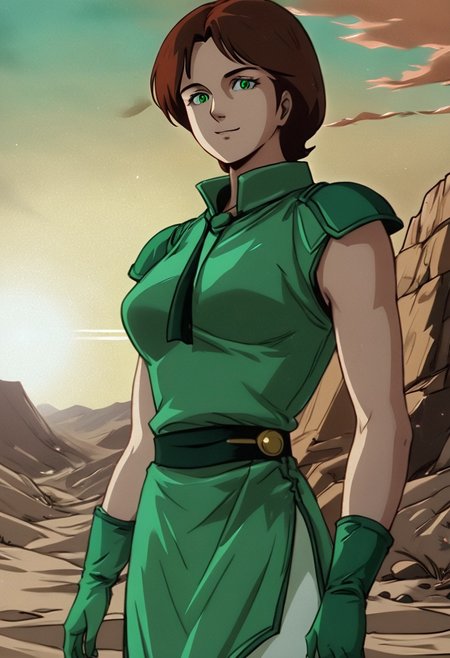 <lora:pony_xl_lin:0.9>,  lin, lin outfit, EmmaSheen, brown hair, short hair, green eyes, medium breasts, sleeveless, green gloves, green belt, white leggings, green boots, score_9, source_anime, 1girl, solo, green shoulder armor, green shoulder pads, standing, smile, cowboy_shot, looking_at_viewer, lens_flare, desert, plateau, sunset, sky,
