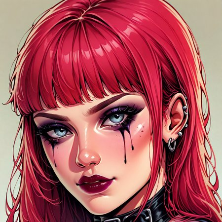 GodslpacomicstyleV1.0IL masterpiece, best quality, 1girl, goth girl, gothic, makeup, runny makeup, red hair