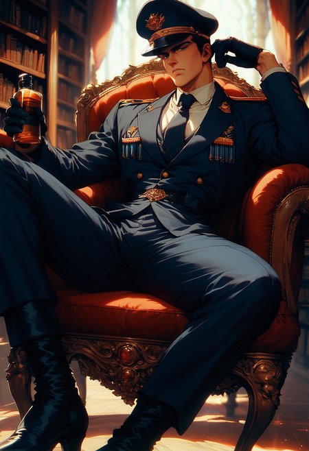 (score_9, score_8_up), score_7_up, 1man, manly, serious face, stern,  narrow pupils, short hair, black hair, black military uniform and cap, black gloves, black long boots, black slacks, formal military uniform, lounging, luxurious chair, library, whiskey, legs spread out, half closed eyes, retro
 <lora:nostalgia-000011:0.9>