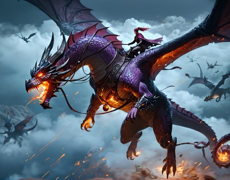 score_9, score_8_up, score_7_up, nighttime, epic image of an armored woman riding a huge dragon through a dark sky, flying, armor, darkness, horns, dark mood, otherworldly, dark clouds, dark lord, holding staff, glowing eyes <lora:dragonriderpxl:0.75>, dragonriderpxl, motion, action shot, best quality, masterpiece,  above the clouds, <lora:eldringpxl:0.5>, eldringpxl, sorceress, purple scales