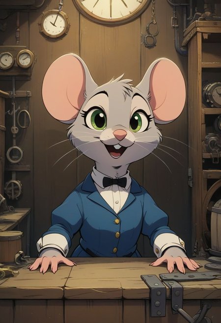 score_9, score_8_up, score_8, solo, (fluffy:0.8), (feral), furry, (((mouse))), (indoors), female, (fluffy cheeks:0.7), (blue dress), greenish eyes, ((gray fur)), (solo:2), in the style of beatrix potter, j_cartoon, cute, (upper body shot, portrait:2), claws, village, workshop, look at viewer, (smile:0.5), talking, (open mouth:0.4), steampunk, (white fur:0.6)