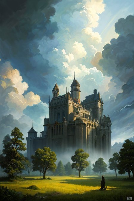 hyperrealism oil painting, ghost of the castle,
thunderstorm, and many small clouds, and slightly cloudy, fantasy forest,
an expansive ancient forest, featuring towering oaks, diverse wildlife, a variety of flora,
{dawn|dusk|night},