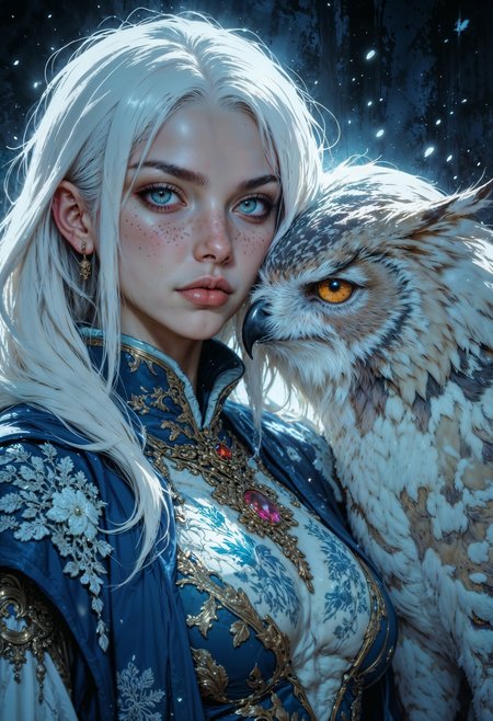 A fierce young woman with cold white hair and blue eyes stands beside a majestic owl. Her freckled skin glows in the cold light of the frost that dance around them. She wears an ornate white and bllue embroidered vest adorned with intricate snow patterns, a matching pendant with an amber gemstone resting at her throat. Her expression is intense, determined, and regal. The owl, its feathers a radiant blend of white snow and blue, presses close to her, its sharp beak and piercing eyes exuding power and wisdom. snowflakes float in the air, casting an ethereal glow against the dark background, as if the world itself bends to their presence.