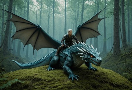 lazypos, dragon, realistic, breath of fire, beautiful captive astride the dragon's back, magical forest background