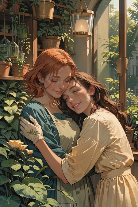 score_9_up, score_8_up, score_7_up, score_9_up, score_8_up, score_7_up, best quality, ultra highres, Casual,
2women, botanical greenhouse environment, late morning environment, tranquil theme, sunlight streaming through glass panels, hugging, soft natural lighting
BREAK
various potted plants, hanging ferns swaying gently, a misting spray in the air, butterflies fluttering around the flowers
BREAK
1woman, medium hair, braided with small wildflowers, copper red hair, casual gardening style, light green apron, serene emotion, gentle smile expression, wearing gardening gloves, 
BREAK
1woman, long hair, loosely tied back, dark brown hair, relaxed style, yellow sundress, joyful emotion,
(ultra realistic, 32k, masterpiece:1.2), (high detailed skin:1.1), (high quality:1.1)  <lora:incase-ilff-v3-4:0.3> <lora:gr33nXLP:0.8>