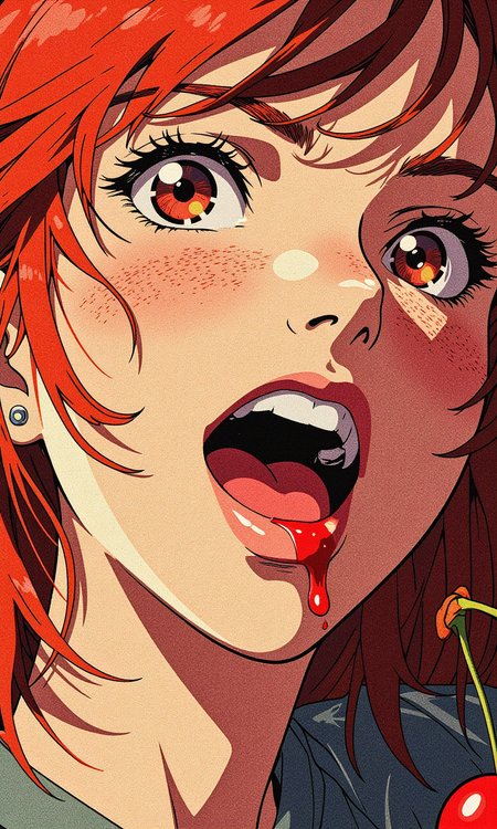 An anime-style (extreme close-up portrait:1.05) captured with a Canon EF 85mm lens, featuring a well-built redhead woman with messy hair, her vibrant locks framing her face in soft, unkempt waves. She is situated in a cozy kitchen setting, the blurred background hinting at warm, homely elements like a countertop and soft natural light spilling through a window.
Her lips are parted slightly, revealing her teeth as she holds a (cherry:1.05) between them, the fruit glistening with juice. A single drop of **red juice** escapes, trailing sensuously down her chin, adding a bold and slightly playful tension to the composition. The bright **color grading** accentuates the vivid red of her hair, lips, and the cherry, contrasting beautifully against the warm, neutral tones of the kitchen.
The (high-key lighting:1.05) illuminates her skin, highlighting its natural texture while casting subtle shadows to emphasize depth. The close framing draws attention to every detailâher freckles, the shimmer of the juice, and the softness of her expression. Her messy hair adds a touch of spontaneity, enhancing the intimate and candid feel of the shot.
This image blends the vibrancy of (fashion photography:1.05) with a sense of everyday charm, presenting her as both strikingly beautiful and relatable. The bright colors, bold textures, and dynamic composition make this a visually arresting and captivating portrait, bursting with energy and character.
BREAK anime, OBdonman