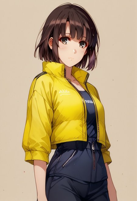 source_cartoon, score_9, score_8_up, score_7_up, solo focus, Expressiveh, watercolor \(medium\), traditional media, down jacket, 1girl is megumi katou, brown hair, short hair, brown eyes, perfect face, beautiful face, face focus, ((The down jacket zipped up to the neck)), and a small, embroidered yellow Adidas logo on the left chest. The down jacket has a quilted texture with visible seams. The megumi katou hands are large and gloved, with thick, padded fingers and palms, indicating a robust, protective design. It wears black pants with a similar padded texture. The megumi katou feet feature futuristic, yellow neon sneakers with a small touch of yellow neon lines. The overall aesthetic is a blend of cyberpunk and high-tech fashion, down jacket