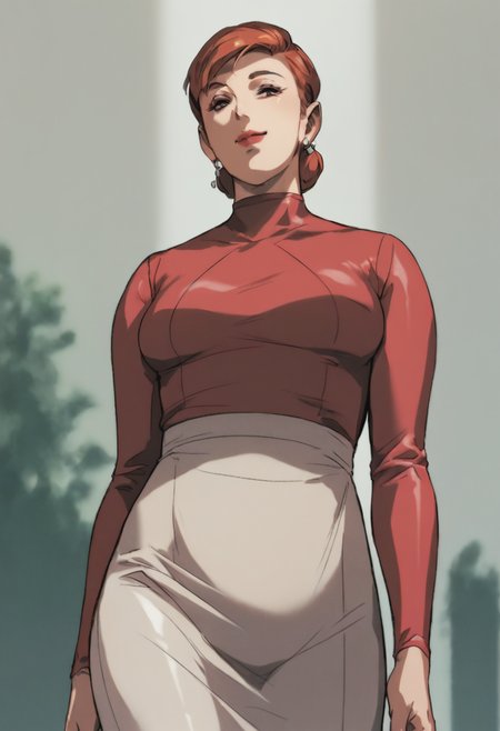 score_9, score_8_up, score_7_up, 1girl, mature_female, large_breasts, portrait, solo, Walking with a prancing step, from_below, (Maroon breastless clothes), Copper hair, cut-in, rating_safe, <lora:pony\artist_styles\ishidaya_pony:1.0>