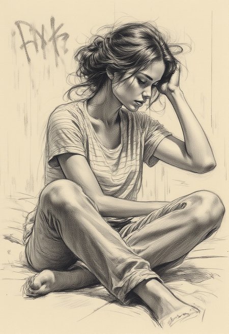 Pencil drawing, black and white, pencil strokes, 
A black and white pencil sketch style, line art drawing dark, A black and white pencil sketch style,  
 Poster format, sketch of a woman's figure sitting on her knees on a bed touching her hair, the hair is messy, the woman is wearing a striped T-shirt, there is graffiti on the wall, sketch on old drawing paper, the drawing is done with charcoal and sanguine pencil, firm strokes, minimalist, simple, schematic