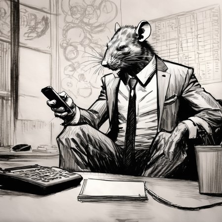 drawix17 rat in a suit with a mobile phone in the office background, black ink<lora:drawix17:1>
