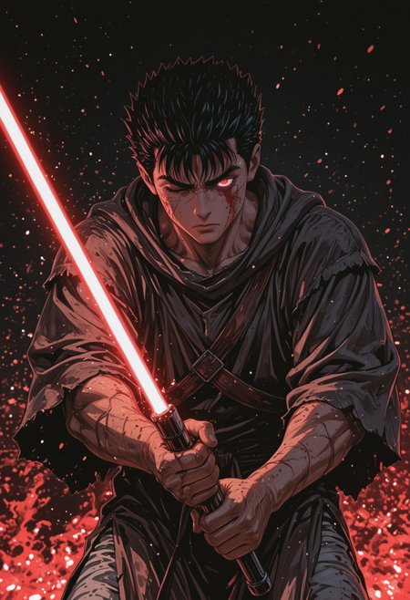 masterpiece, best quality, amazing quality, very aesthetic, absurdres, newest, (anime coloring),
solo, 1boy, guts \(berserk\), black hair, one eye closed, detailed eyes, glowing eyes, scar on face, blood on face, blood splatter, (jedi tunic, white tunic), brown robe, red neon trim, red lightsaber, red fire embers, light particles, looking at viewer, serious expression, intense gaze, cowboy shot,