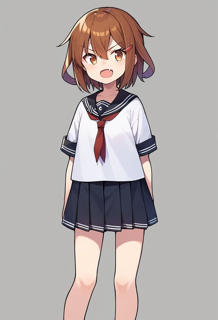 score_9, score_8, score_7, source_anime, ikazuchi (kancolle), hairclip, shirt, skin fang, cowboy shot, standing, black serafuku, zettai ryouiki, collarbone, full body, white shirt