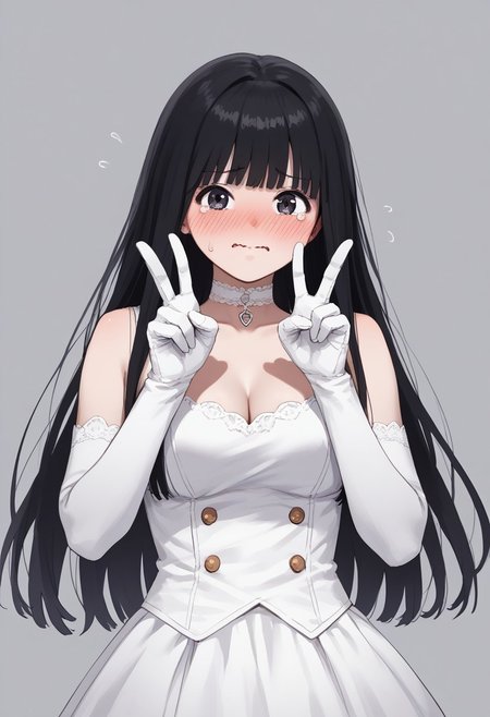 Masterpiece, Highest Quality, Score_9, Score_8_up, Score_7_up,
source_anime. anime style. masterpiece, highres, absurdres. Best resolution
1girl. Baek Dasom. black hair. long hair. blunt bangs. black eyes
gloves, elbow gloves, miniskirt, . uniform. white clothes. sleeveless. cleavage. clavicle. embarrassed. choker. indoor. be nervous. raarami. wavy mouth. teary eyes. v pose