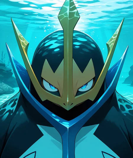 vibrant, detailed, detailed background, amazing quality, colorful, masterpiece, 8k, rtx,  <lora:empoleon-illus-15:0.9> pempo, pinguin_boy, (solo, alone), (empoleon), swimming, underwater, dappled sunlight, aqua theme, close-up, face focus,