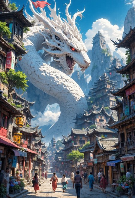 score_9, score_8_up, score_7_up,source_real, realistic, photorealistic,depth of field, highly detailed, ultra quality, 8k, best quality, epic detailed, Rim Lighting, 
Create an amazing oil painting pic of the following situation: 1girl, ((a giant white dragon)), she appears high above an asian landscape, some houses, vivid natural colors, bright, amazing landscape, perfect composition, a rich and complex image of nature, a vibrant tissue of hues and textures captured digitally, best quality, double exposure, realistic, captivating, fantastical, splash art, intricately detailed, hyper detailed, maximalist style, concept art, sharp focus, harmony, serenity, calm, mysterious glow, dynamic lighting, masterpiece, superb composition, finest details, highest aesthetics, strong muted highlighter of fantastical beach rock scenery, mystical glow, best quality, sharp focus, high contrast, stylized, clear, colorful, midjourneyv6.1