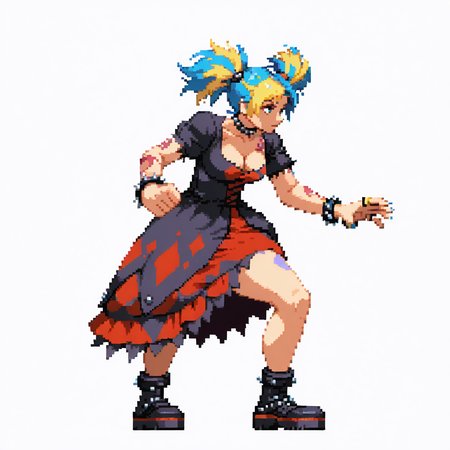 CapcomVsSnk,, white background,,
1girl, dress, punk clothes, two-tone hair, blue eyes, short sleeves, cleavage, medium breasts, bracelet, tattoo, twintails, spikes, from side, looking at away, dynamic pose, full body, hair ornament, fighting stance, 
 <lora:ACapVSsnk_Style:1.2>, pixel art,